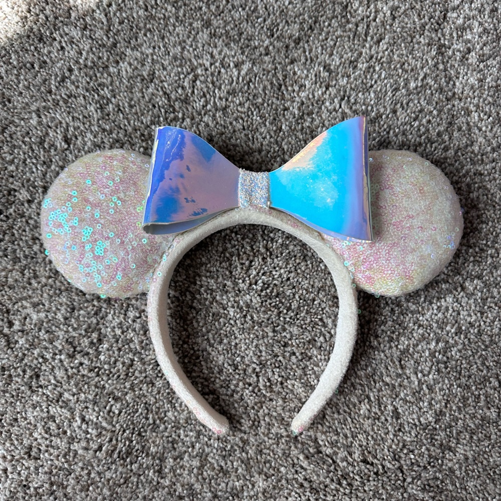 White Sequined Mickey Mouse Ears with Holographic Bow